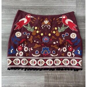 Umgee Boho Embroidered Mini Skirt Size L Zip Pom Hem Lined Cotton Maroon